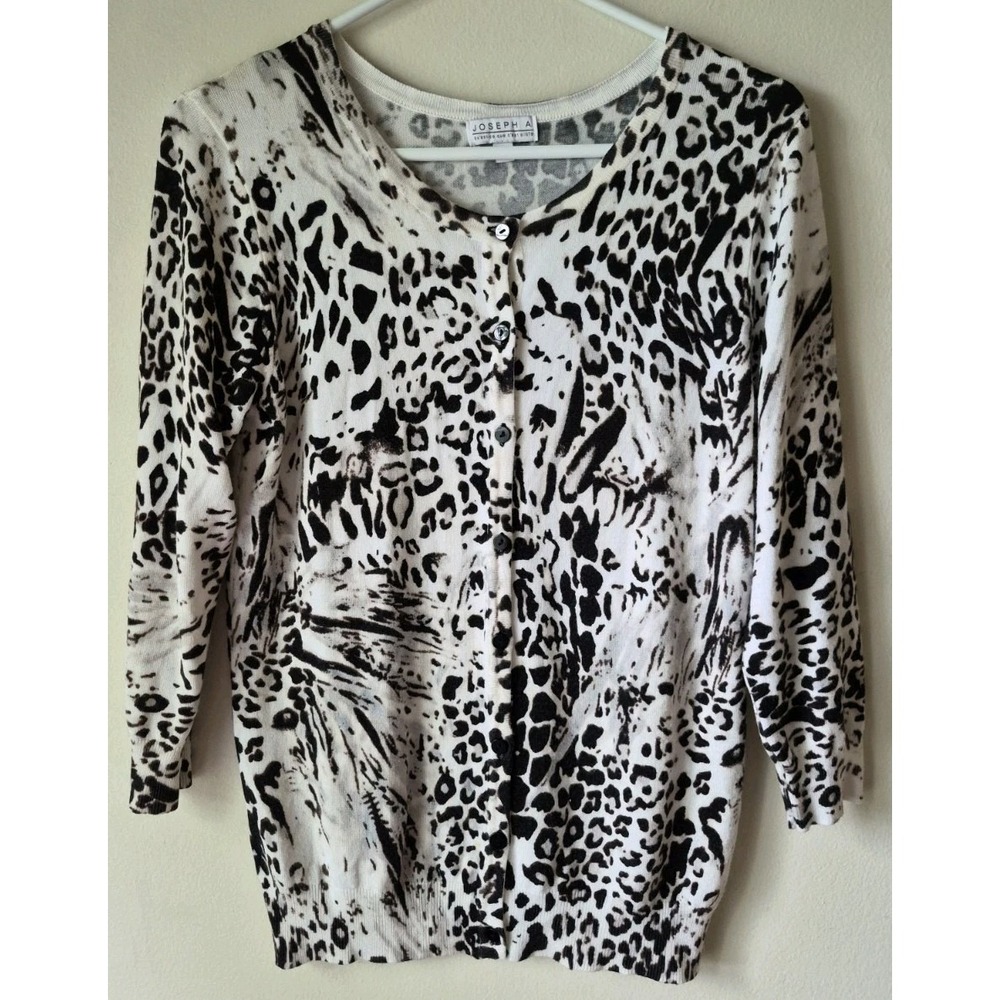 Joseph A. Women's Animal Print Button Up Cardigan 3/4 Sleeve White/Black Size M